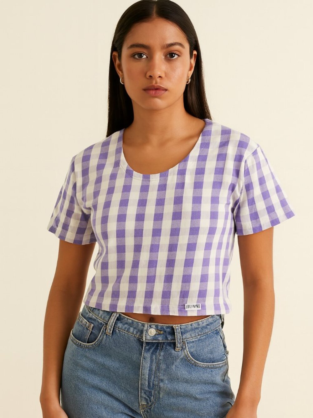 Vintage Sport Purple and White Plaid Crop Top